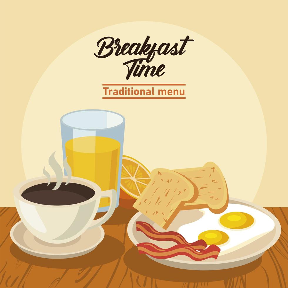 ontbijttijd belettering poster met gebakken eieren en drankjes vector