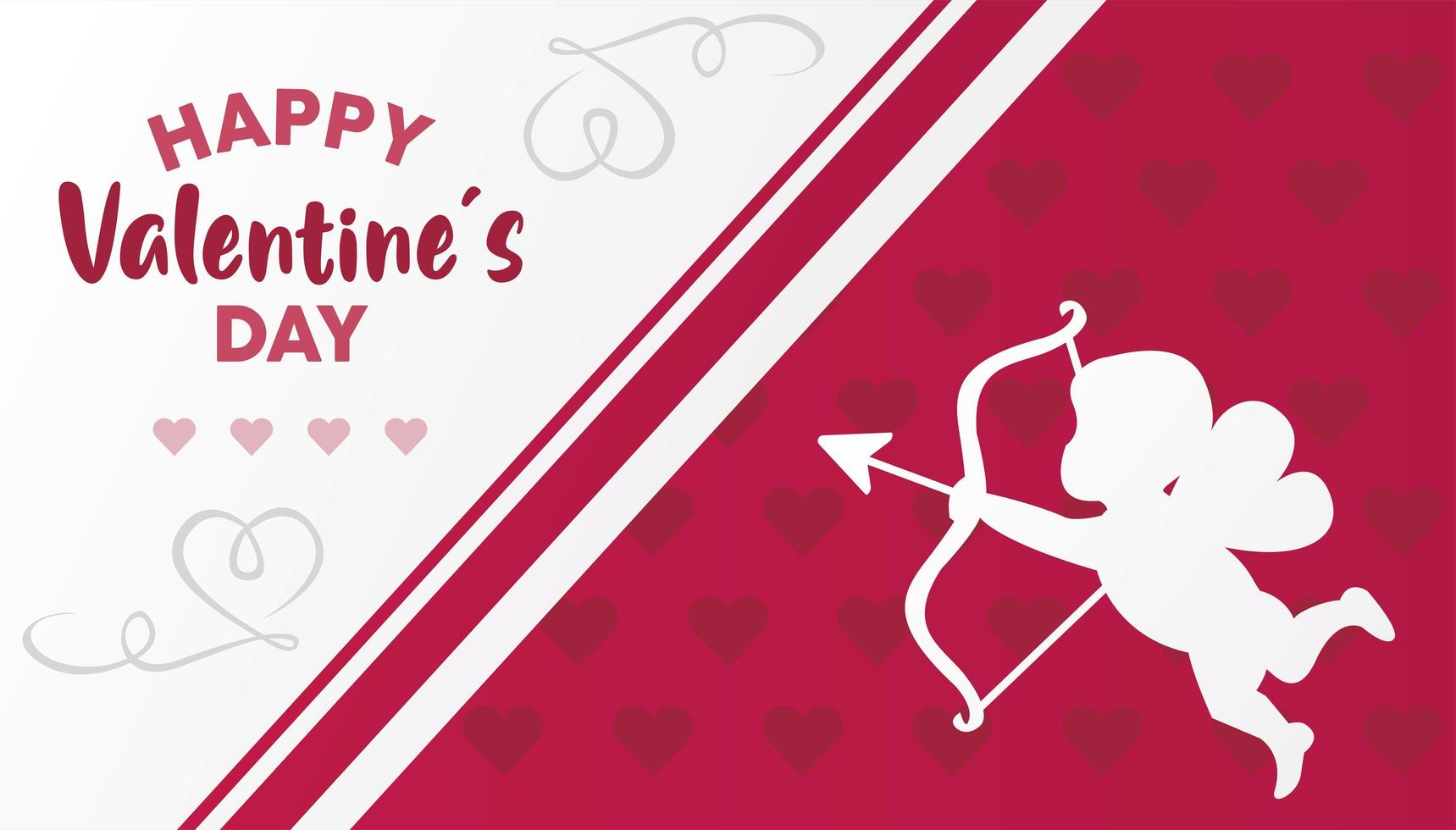 happy Valentijnsdag belettering kaart met engel cupido en arch vector