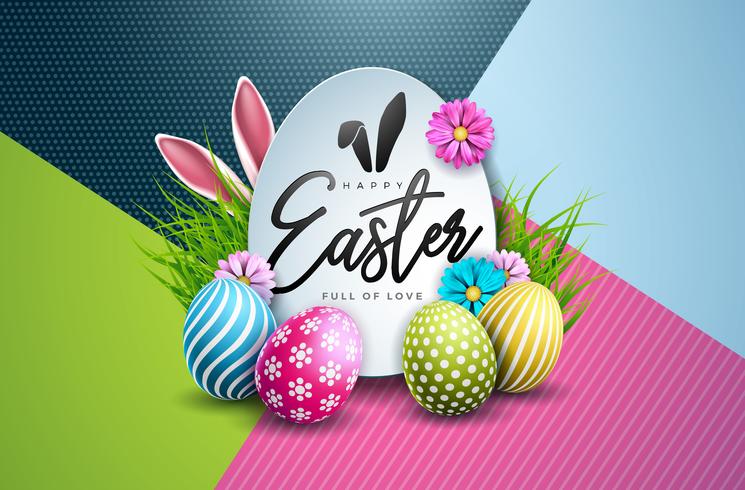 Vector illustratie van Happy Easter Holiday met Painted Egg en lente bloem op kleurrijke achtergrond