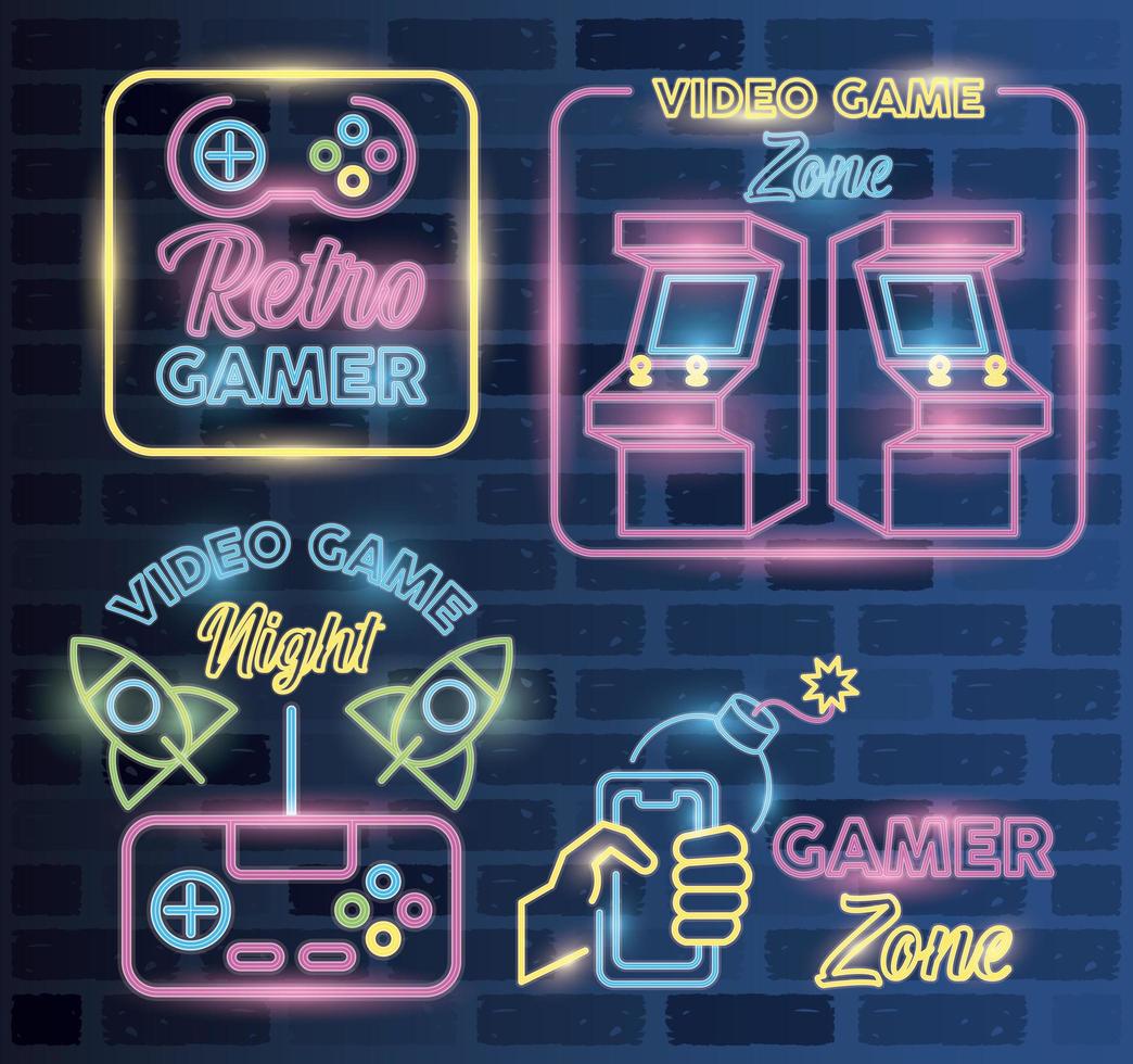 retro videogame neon met vaste pictogrammen vector