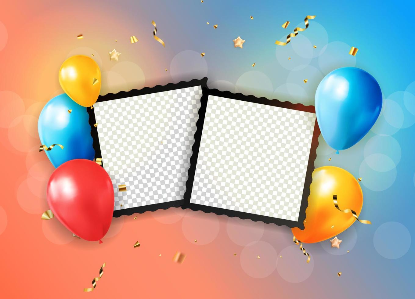 gelukkige verjaardag gefeliciteerd bannerontwerp met confetti, ballonnen en glanzend glitterlint voor feestvakantie achtergrond. vector illustratie