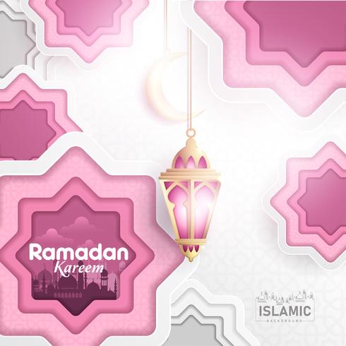 Ramadan Kareem Achtergrondpapierkunst of papierstijl met Fanoos-lantaarn, halve maan en moskee-achtergrond. Voor webbanner, wenskaart &amp; reclamesjabloon in Ramadan Holidays 2019. vector
