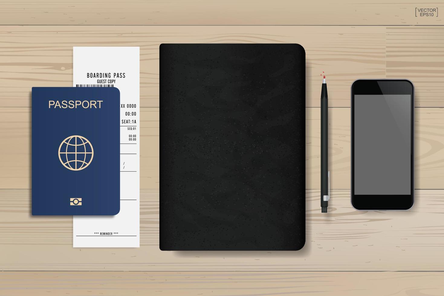 achtergrond van notebook, paspoort en smartphone op hout. achtergrond voor toerisme en reizen idee. vector. vector