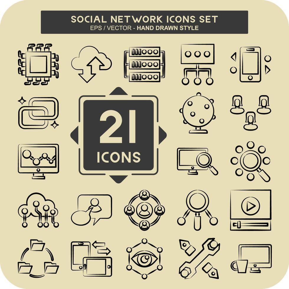 icoon reeks sociaal netwerk. verwant naar internet symbool. hand- getrokken stijl. gemakkelijk ontwerp illustratie vector
