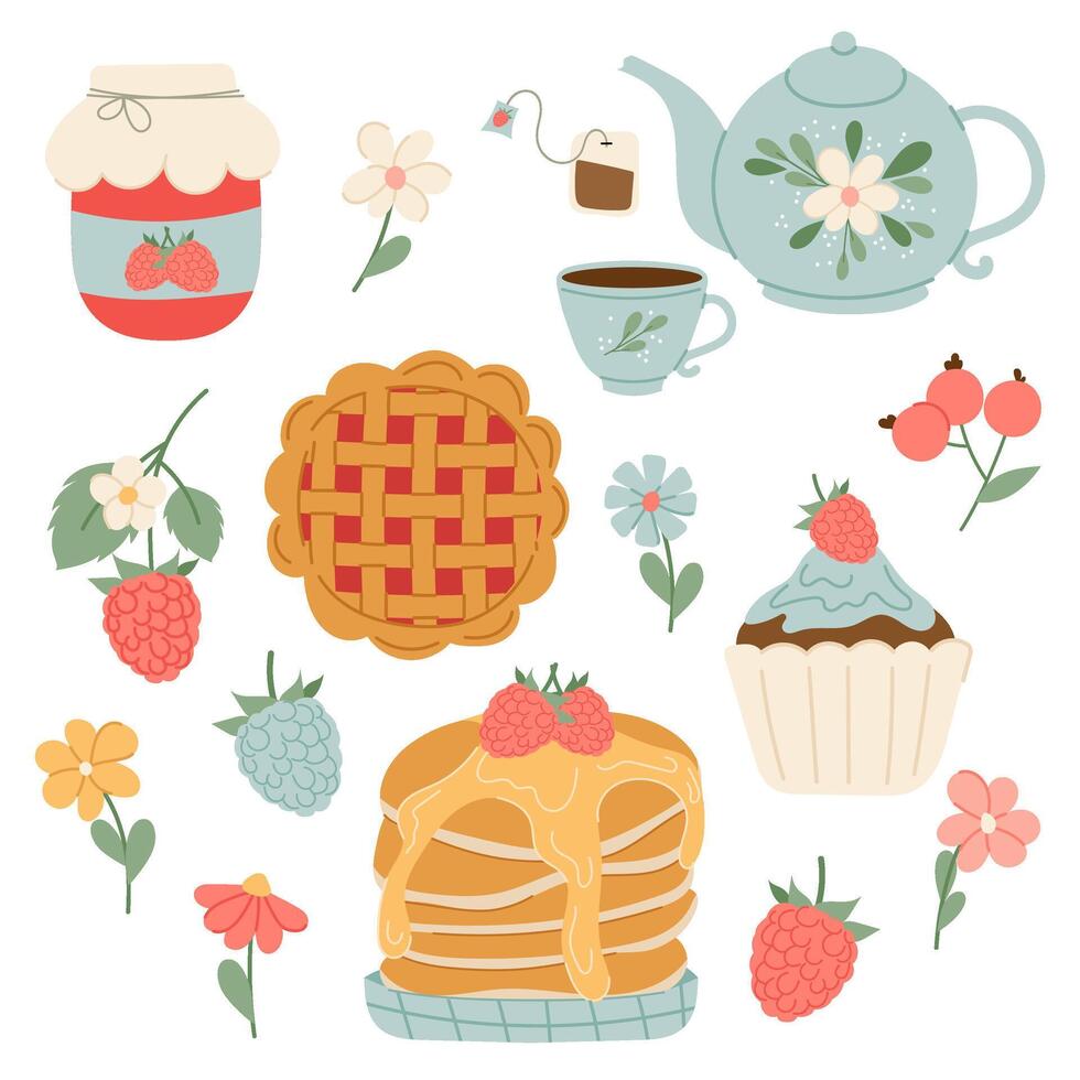 illustraties van theepot, taart, pannekoeken, frambozen in vlak stijl. reeks van vector ontbijt elementen.