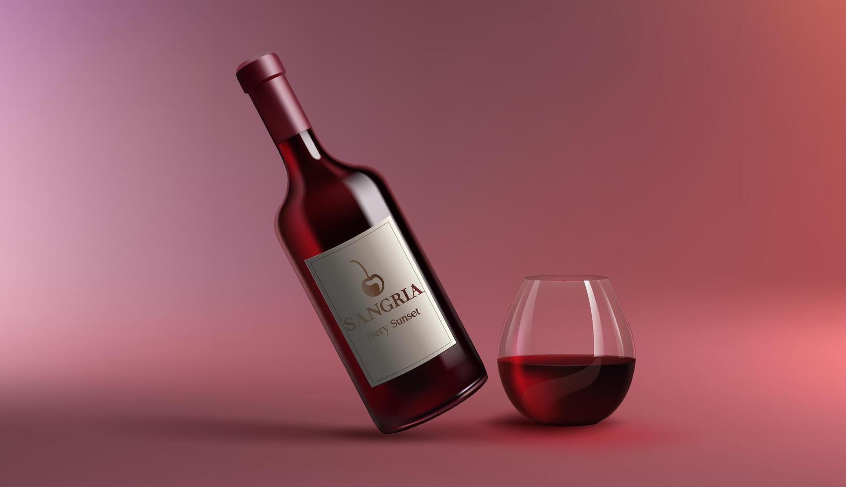 een realistisch 3d wijn fles van sangria, mockup met een glas van wijn. deze fruitig cocktail Kenmerken rood vloeistof, Aan glad achtergrond, perfect voor vieringen en partijen. niet ai. vector