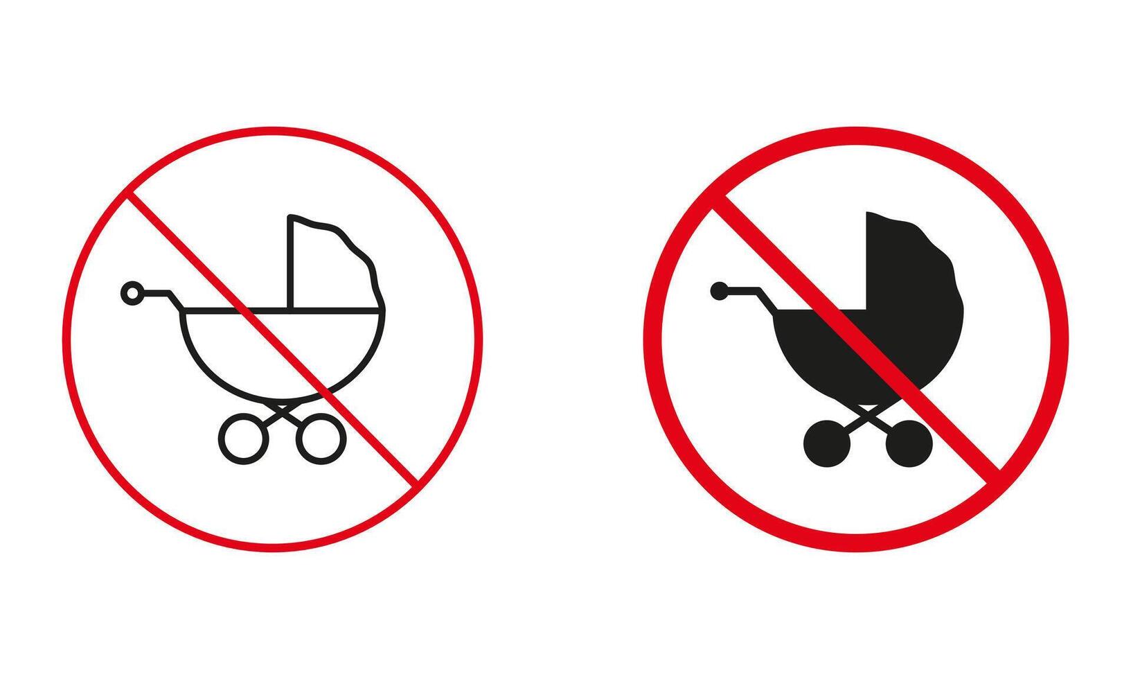 baby vervoer niet toegestaan, kinderwagen waarschuwing teken set. pasgeboren kinderwagen verboden symbool. verbieden baby wandelwagen lijn en silhouet pictogrammen. geïsoleerd vector illustratie