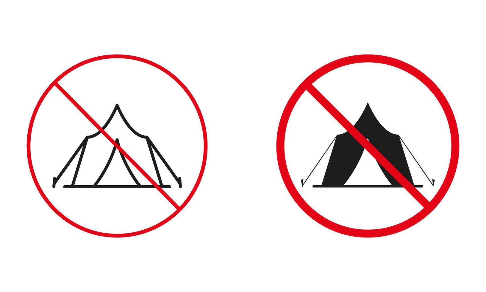 camping en tenten niet toegestaan, toerist onderdak waarschuwing teken set. toerisme verbieden lijn en silhouet pictogrammen. camping verboden symbool. geïsoleerd vector illustratie