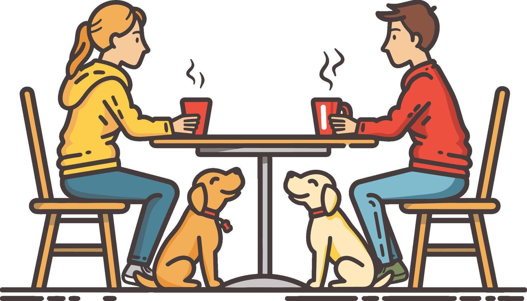 jongen en meisje drinken heet drankjes zittend Bij de tafel, met hun honden. Huisdiervriendelijk plaats voor dier geliefden, Welkom naar cafe, hotel, restaurant. emotioneel ondersteuning hond. vlak vector illustratie.