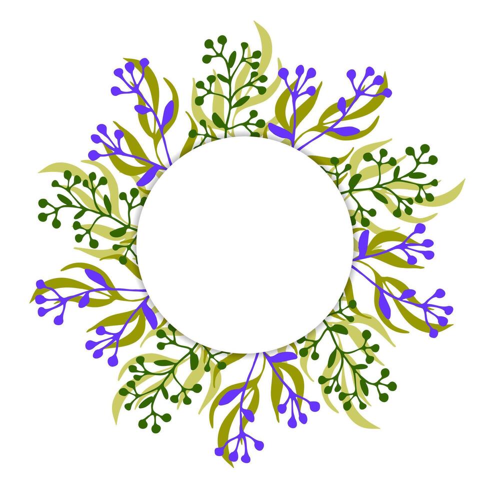 vector voorjaar afbeelding. kader van gekleurde bessen, takken en bladeren in de omgeving van een wit cirkel. groet kaart.