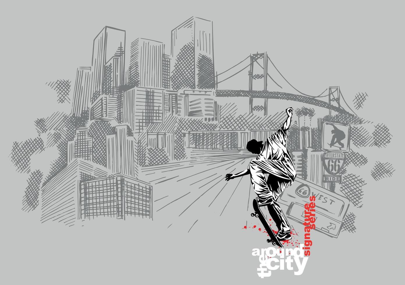 vector, hand getekend illustratie van stad in schetsen stijl en silhouet van skateboarder. vector