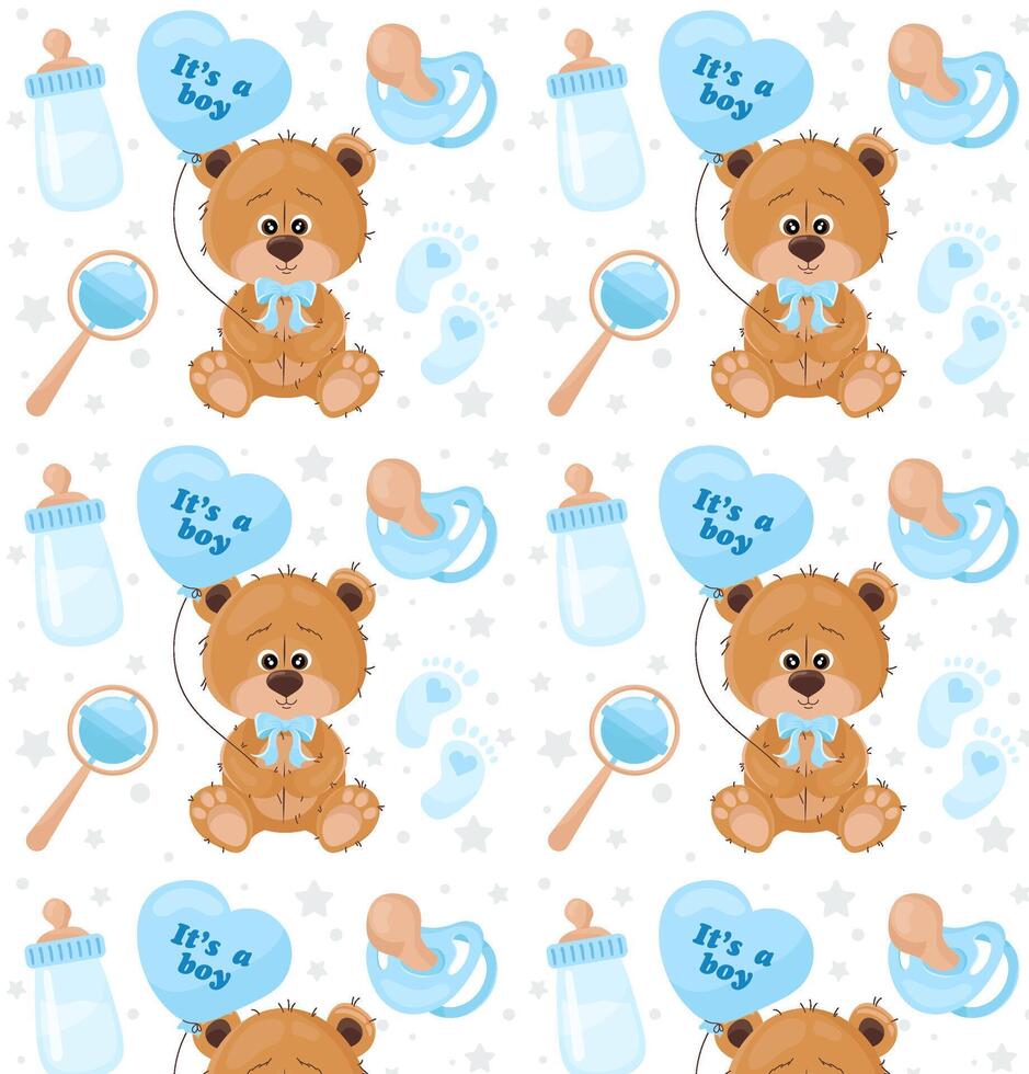 deze is een jongen. patroon met een schattig beer en een ballon met een opschrift in blauw. teddy beer, fopspeen, fles, rammelaar en voetafdrukken in vlak stijl. voor textiel, omhulsel papier, achtergrond. vector