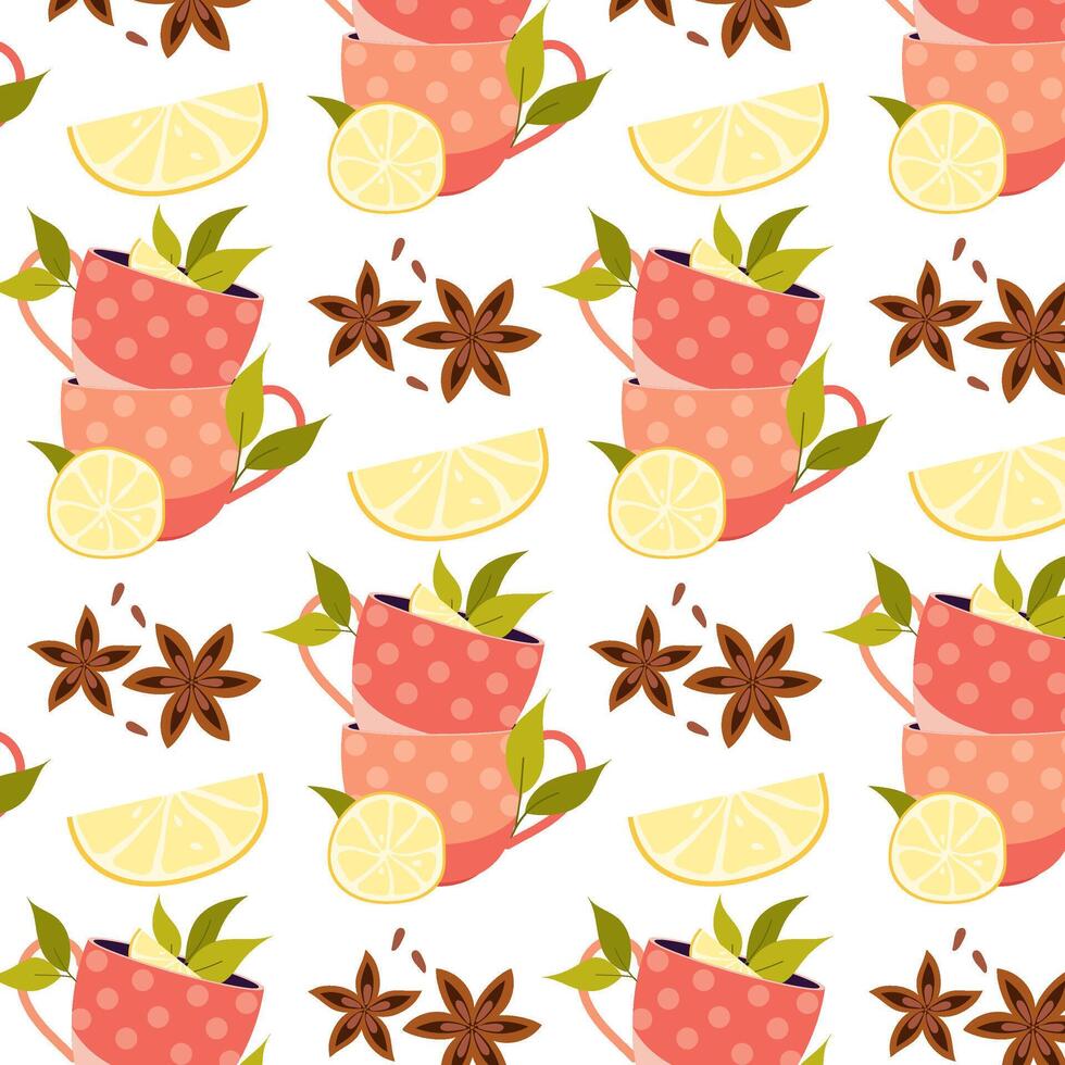 patroon met thee kopjes, citroen plakjes en anijs in vlak stijl. thee patroon voor achtergrond, textiel, verpakking. vector
