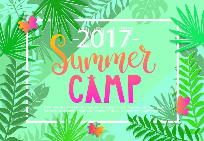 Zomer kamp 2017 belettering op jungle achtergrond. vector