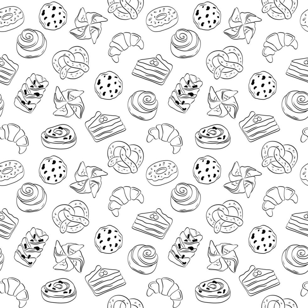 naadloos patroon hand- getrokken zwart schets gebakje bakkerij Aan wit achtergrond. vector illustratie