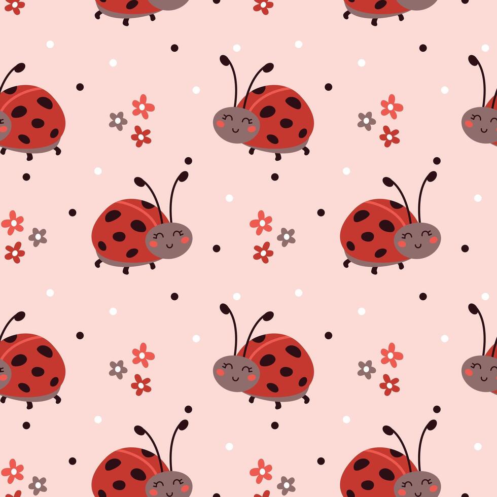naadloos patroon met schattig tekenfilm lieveheersbeestje, bloem en polka punt Aan roze achtergrond. vector illustratie