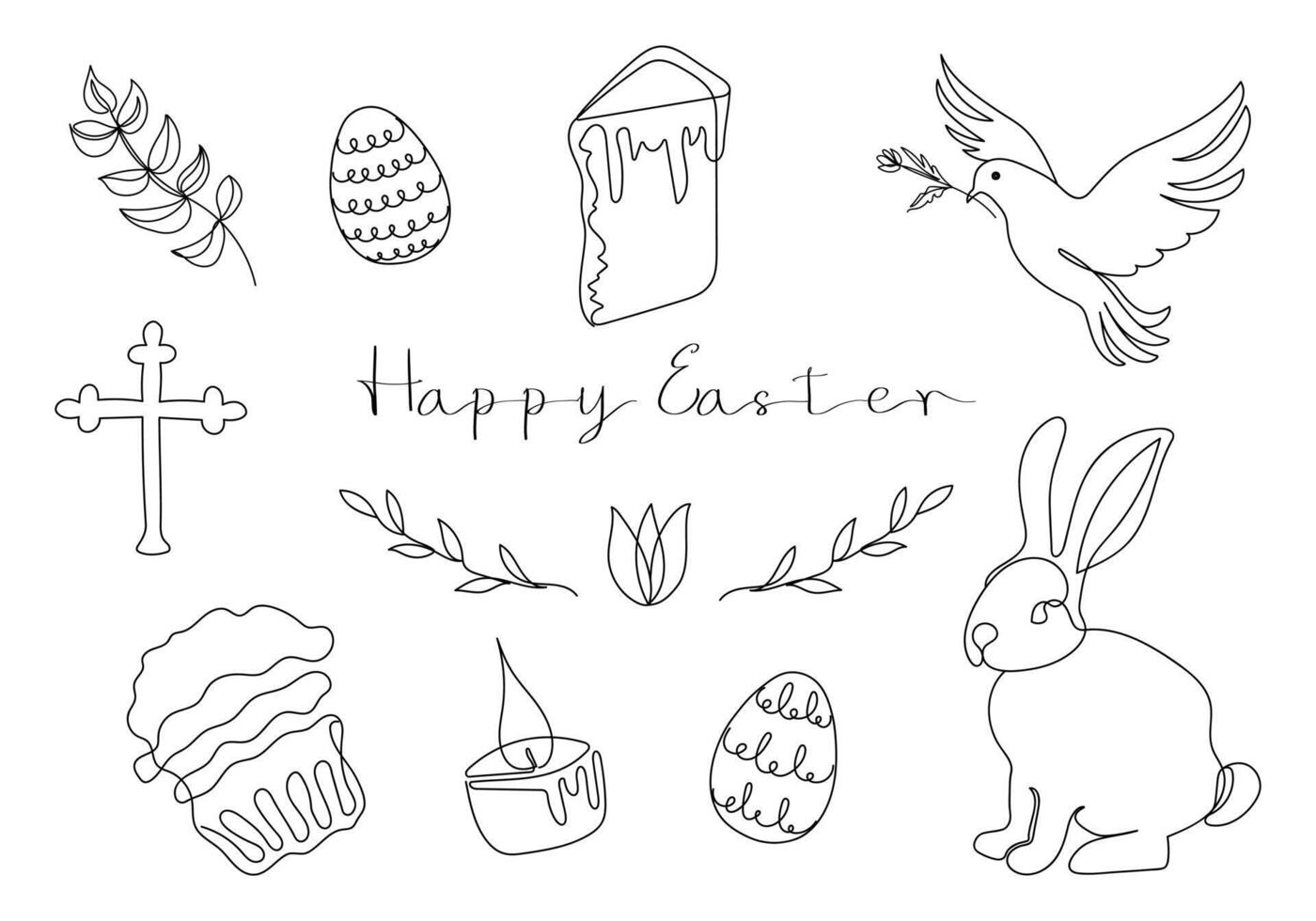 Pasen reeks in doorlopend een lijn stijl met ontwerp elementen Leuk vinden konijn, eieren, duif, kaars, kruis, Pasen taart, bloemen. zwart en wit vector. clip art. Pasen kaart met gelukkig Pasen groet. afdrukken vector