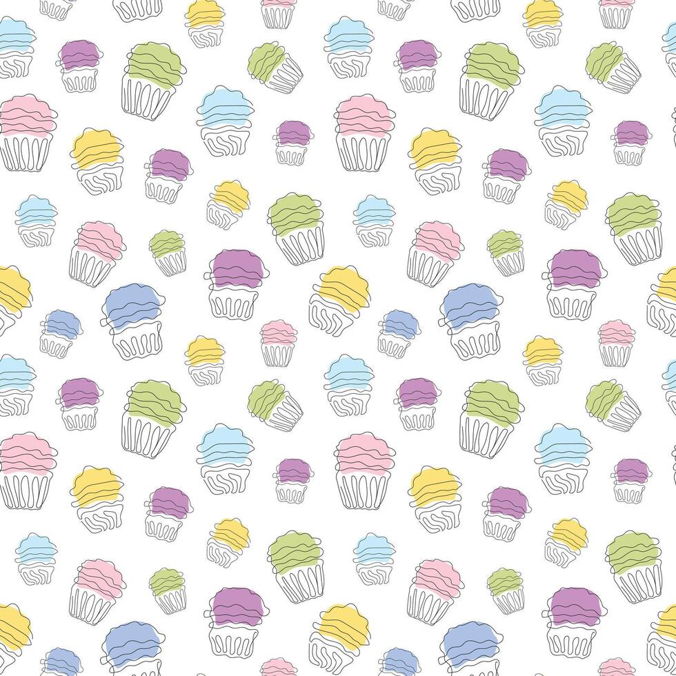 naadloos patroon van kleurrijk cupcakes in stijl van doorlopend een lijn tekening. gemakkelijk lijn kunst van muffins met golvend glazuur. vector geïsoleerd Aan wit. voor decoratie, afdrukken, textiel, omhulsel papier