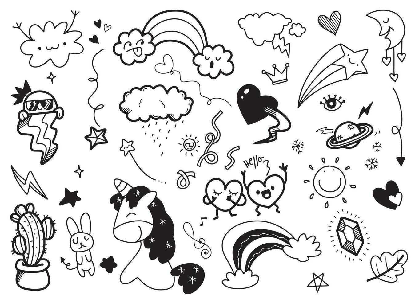 zwart en wit hand- getrokken doodles van schattig elementen vector