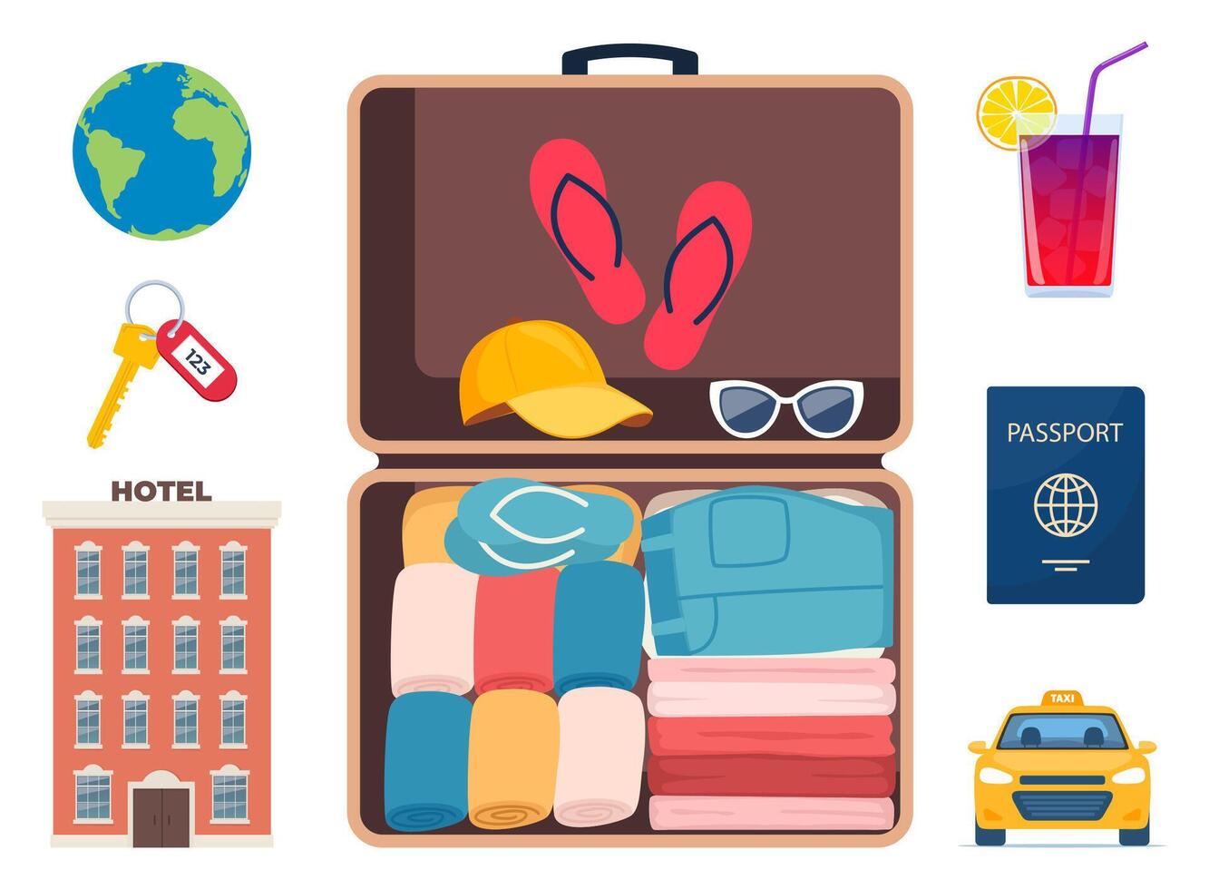 avontuur toerisme, reizen Buitenland, zomer vakantie reis decoratief ontwerp elementen. reeks van reizen pictogrammen. vervoer, hotel, bagage, luchthaven. cocktail, palm. vector illustratie.