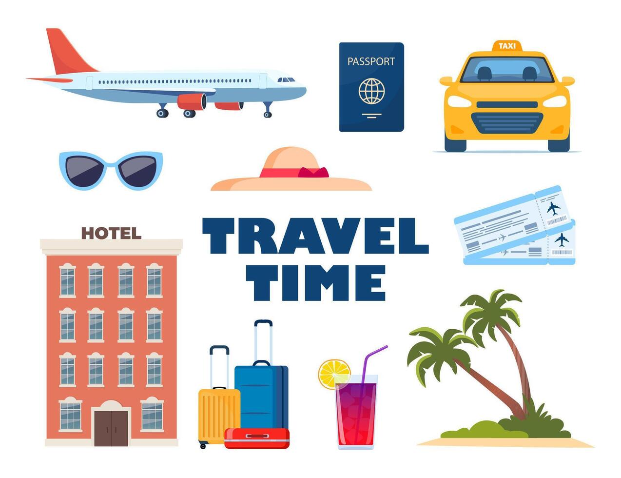 avontuur toerisme, reizen Buitenland, zomer vakantie reis decoratief ontwerp elementen. reeks van reizen pictogrammen. vervoer, hotel, bagage, luchthaven. cocktail, palm. vector illustratie.