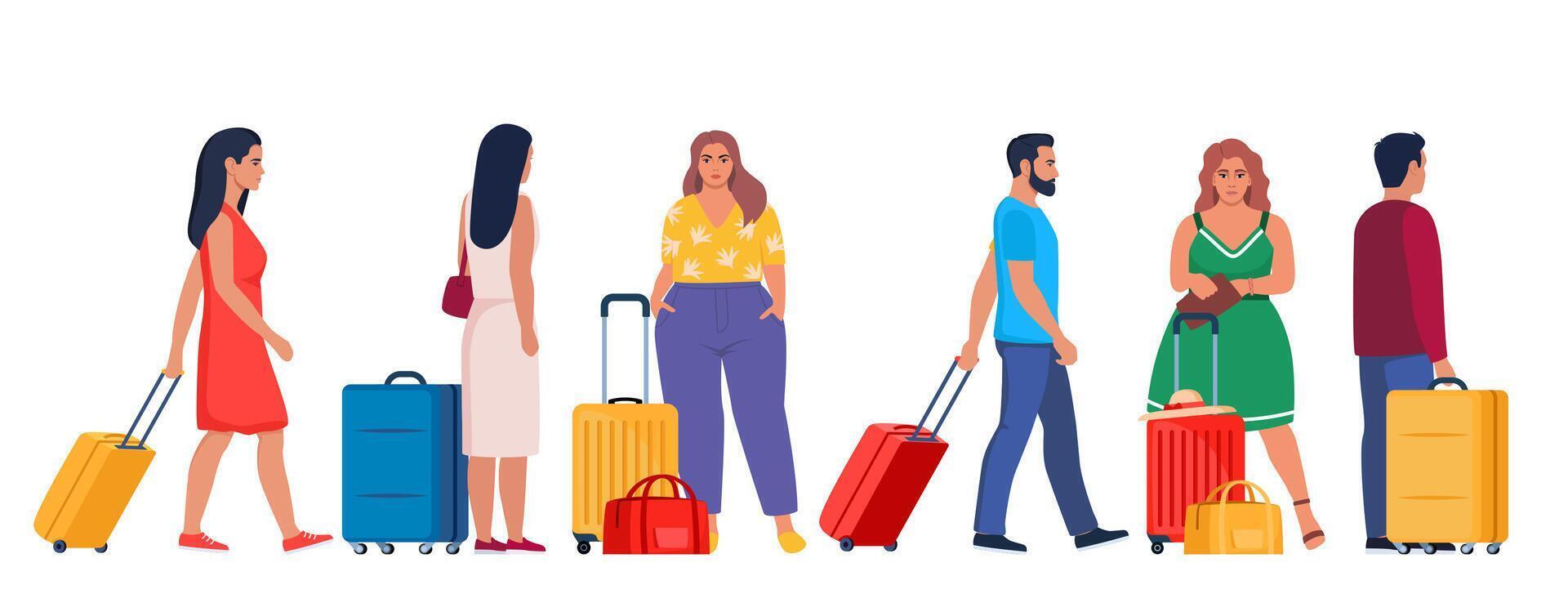 reizigers met bagage. tekens met koffers en Tassen. toeristen groep met koffers. op reis menigte met bagage. concept voor reizen of levensstijl bloggen. vector illustratie.