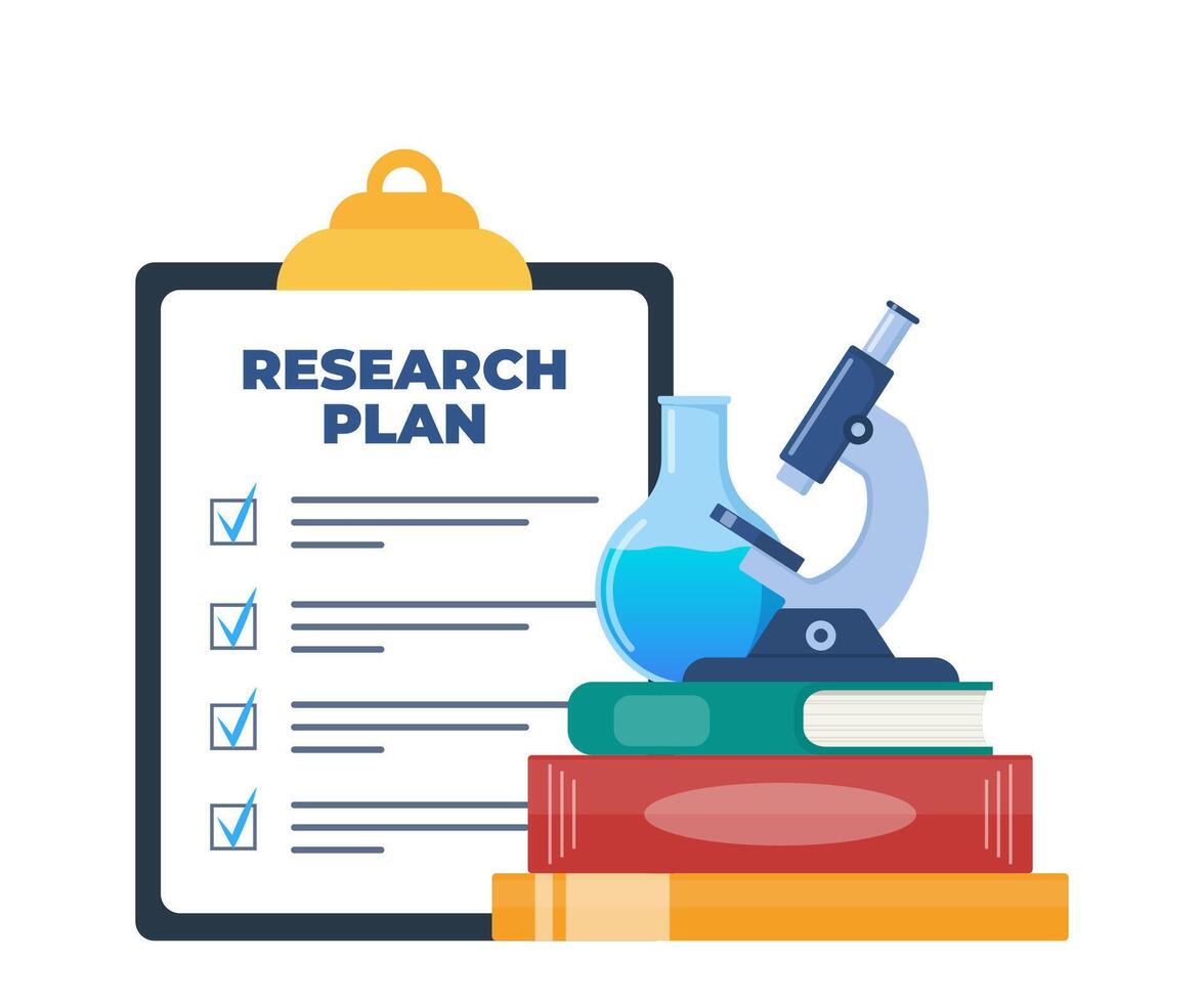 chemisch laboratorium Onderzoek plan Aan klembord met controlelijst. chemisch laboratorium uitrusting en boeken. laboratorium Onderzoek, testen, studies in chemie. vector illustratie.