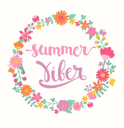 Zomer viber belettering in floral cirkel. vector