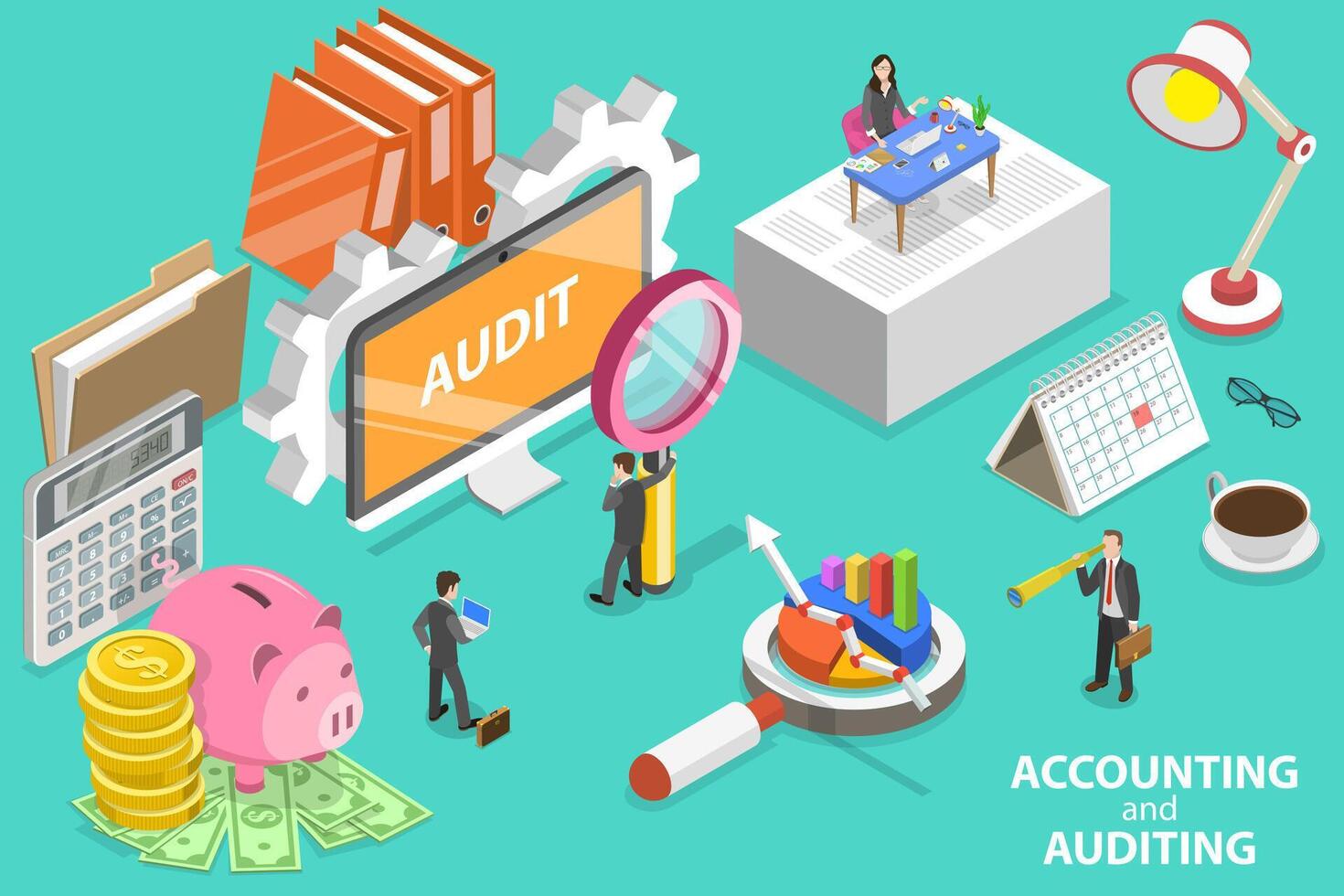 3d isometrische vlak vector conceptuele illustratie van accounting en auditing.