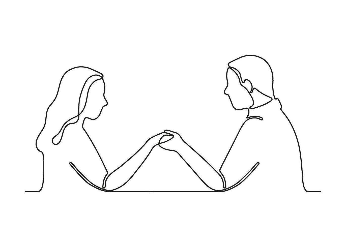 paar Holding hand, gelukkig communicatie in relatie, doorlopend een lijn tekening. Mens en vrouw liefde. familie in harmonie. vector schets illustratie