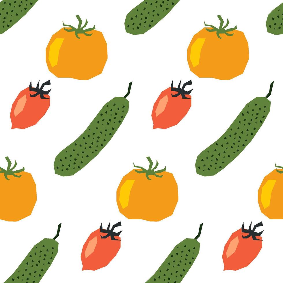 naadloos patroon met rijp tomaten en komkommers. stoffen stijl tekening. achtergrond, omhulsel papier. vector