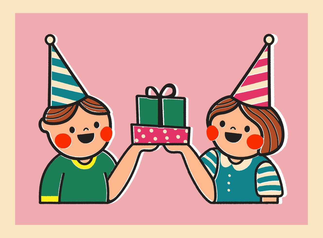 verjaardag kaart met tekenfilm meisje en jongen Holding een geschenk doos illustratie Aan roze achtergrond. sticker stijl groet kaart in retro stijl. schattig ansichtkaart voor kind of ontwerp voor uw merk. vector