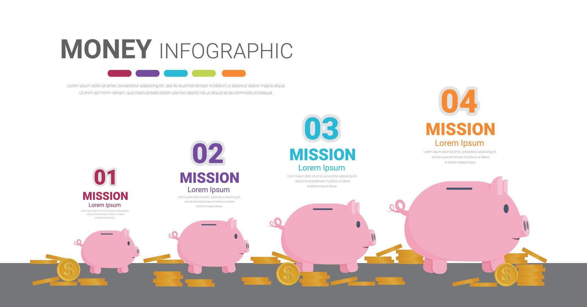 geld besparing rapport, varkentje bank met goud munten infographics met 4 etiketten, houden en accumuleren contant geld besparingen. veilig financiën investering. financieel Diensten. vector