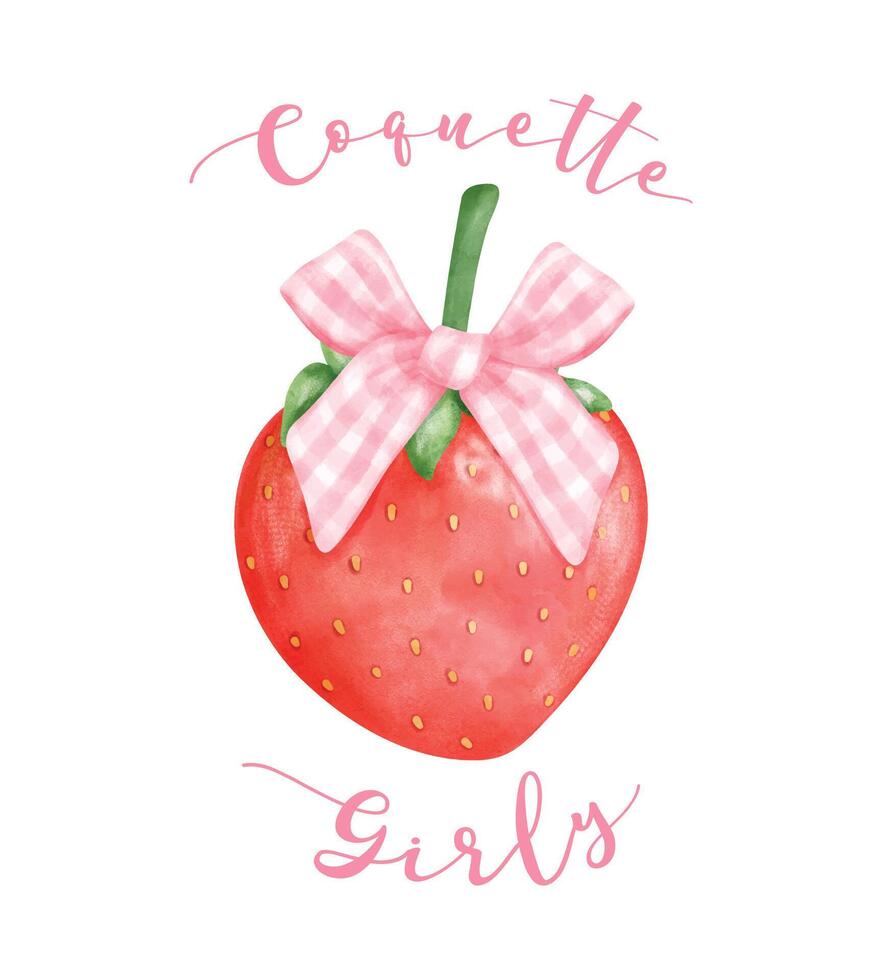 coquette aardbei met roze lint boog, esthetisch waterverf hand- tekening vector