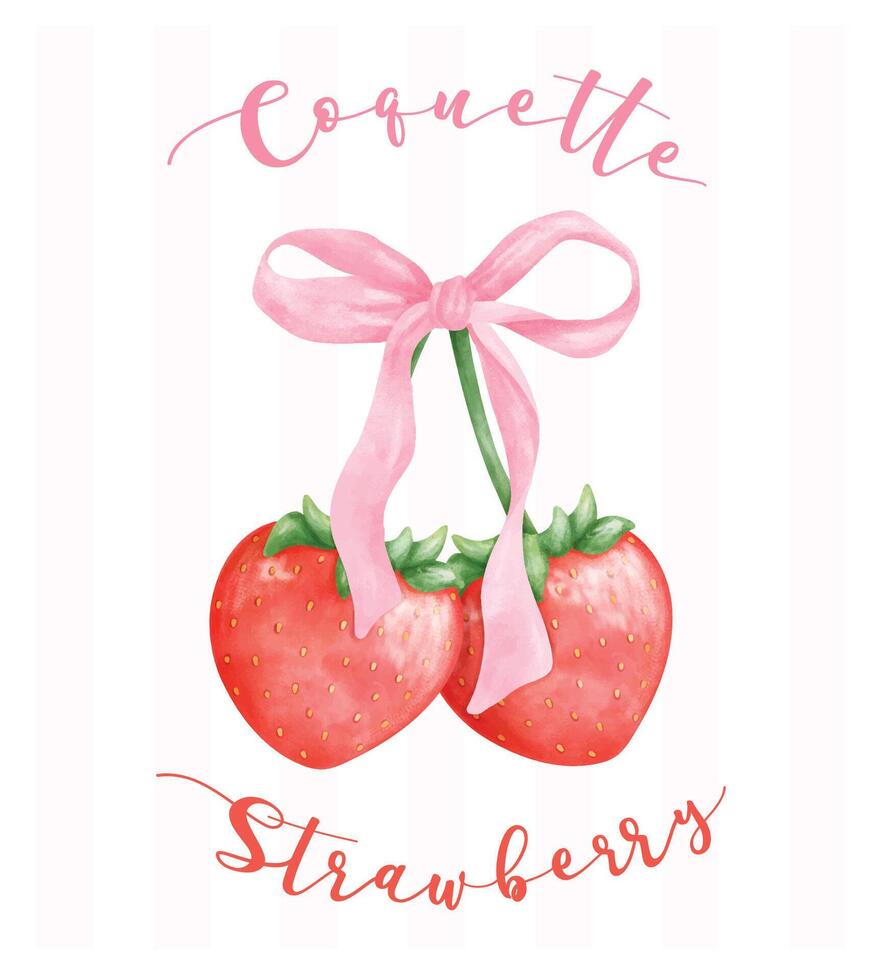 coquette aardbeien met roze lint boog, esthetisch waterverf hand- tekening vector