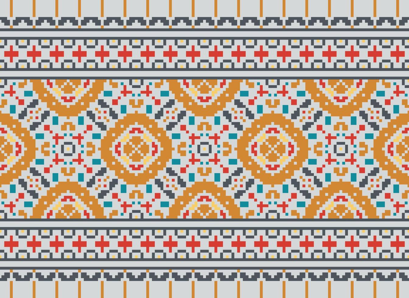 pixel ikat en kruis steek meetkundig naadloos patroon etnisch oosters traditioneel. aztec stijl illustratie ontwerp voor tapijt, behang, kleding, inpakken, batik. vector