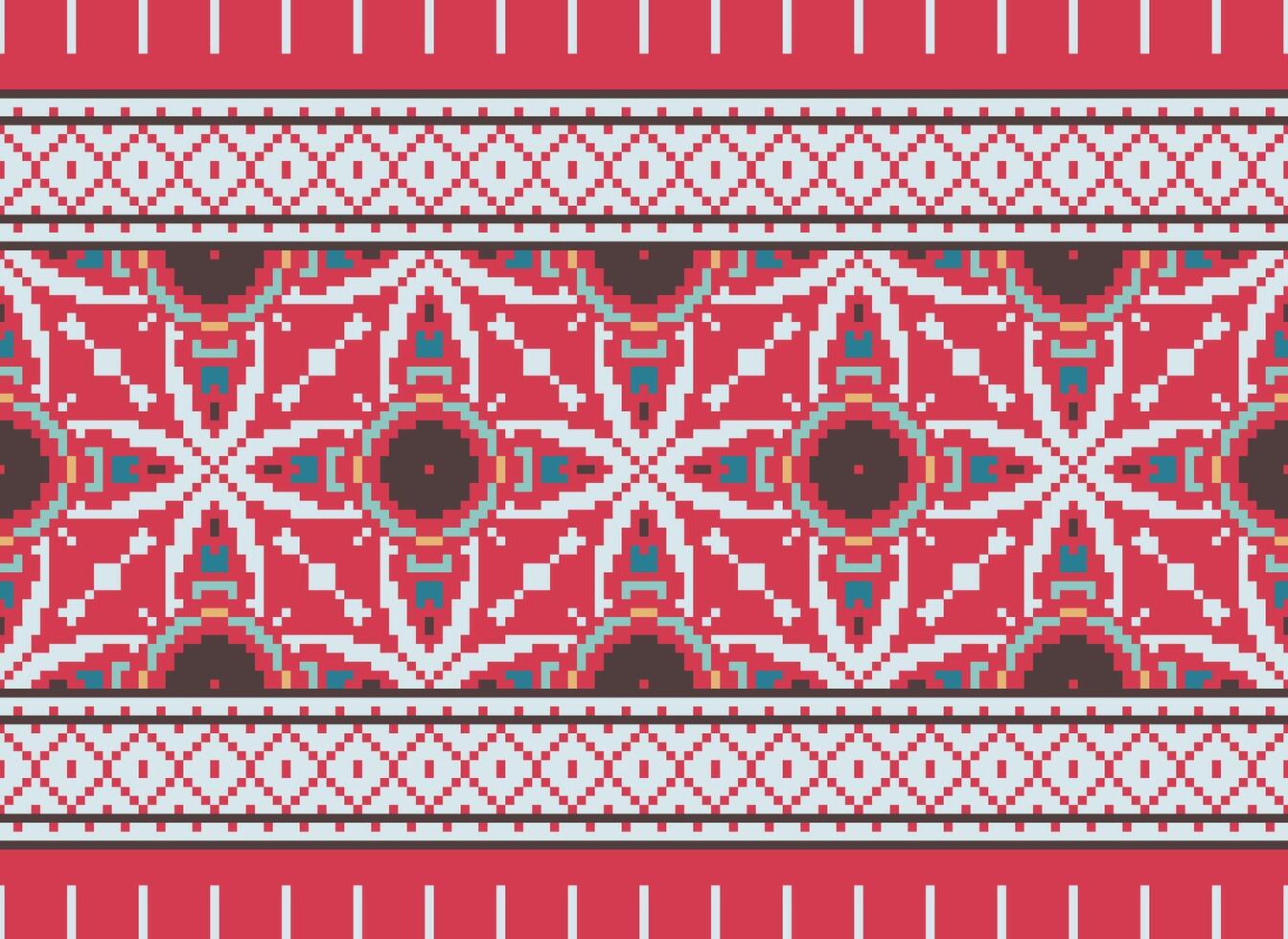 pixel ikat en kruis steek meetkundig naadloos patroon etnisch oosters traditioneel. aztec stijl illustratie ontwerp voor tapijt, behang, kleding, inpakken, batik. vector