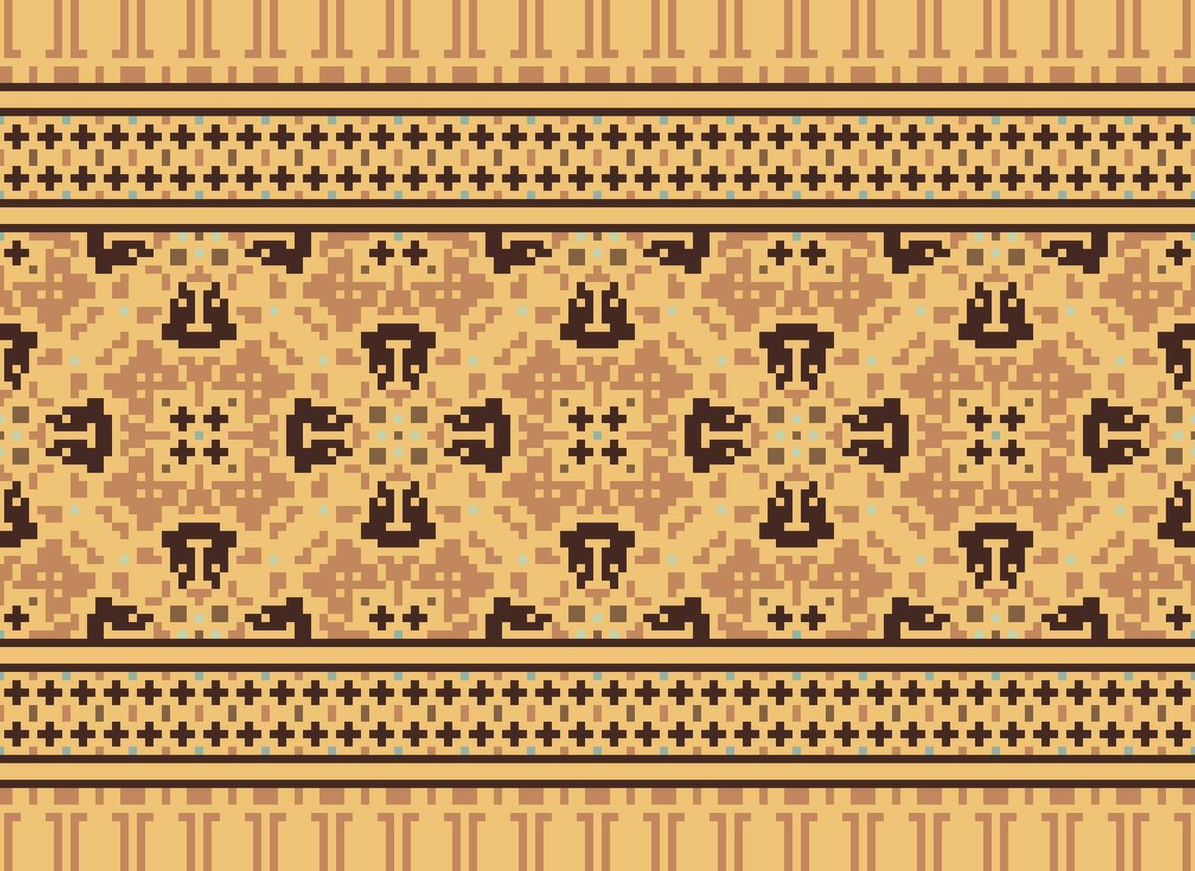 pixel ikat en kruis steek meetkundig naadloos patroon etnisch oosters traditioneel. aztec stijl illustratie ontwerp voor tapijt, behang, kleding, inpakken, batik. vector