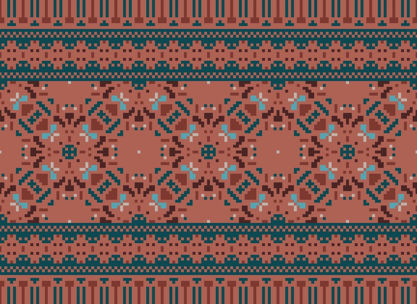 pixel ikat en kruis steek meetkundig naadloos patroon etnisch oosters traditioneel. aztec stijl illustratie ontwerp voor tapijt, behang, kleding, inpakken, batik. vector