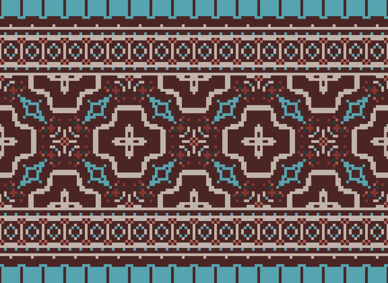 pixel ikat en kruis steek meetkundig naadloos patroon etnisch oosters traditioneel. aztec stijl illustratie ontwerp voor tapijt, behang, kleding, inpakken, batik. vector