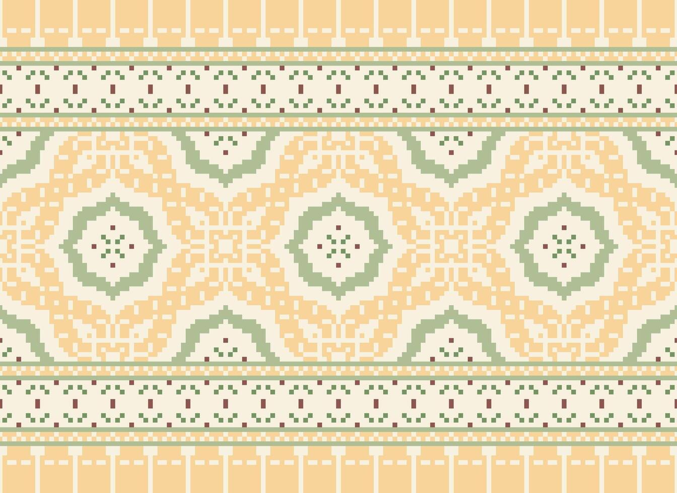 pixel ikat en kruis steek meetkundig naadloos patroon etnisch oosters traditioneel. aztec stijl illustratie ontwerp voor tapijt, behang, kleding, inpakken, batik. vector