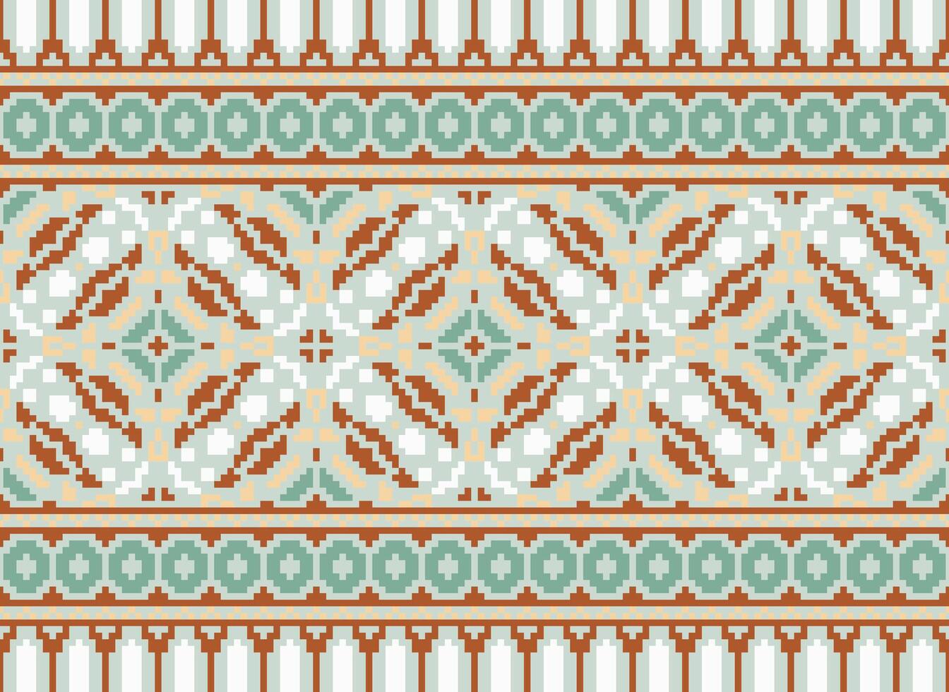 pixel ikat en kruis steek meetkundig naadloos patroon etnisch oosters traditioneel. aztec stijl illustratie ontwerp voor tapijt, behang, kleding, inpakken, batik. vector