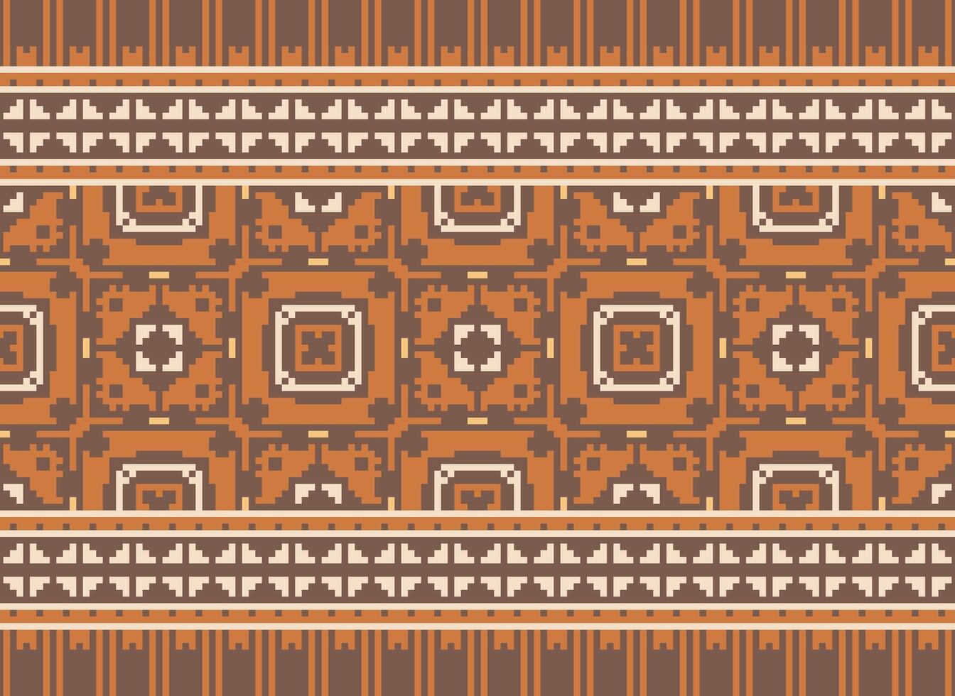 pixel ikat en kruis steek meetkundig naadloos patroon etnisch oosters traditioneel. aztec stijl illustratie ontwerp voor tapijt, behang, kleding, inpakken, batik. vector