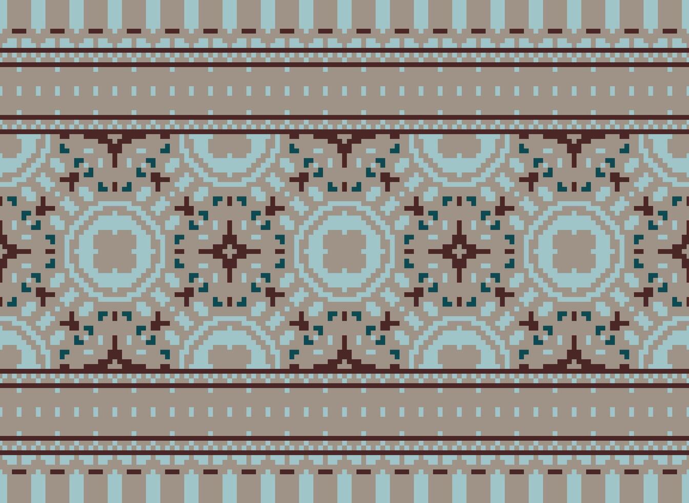 pixel ikat en kruis steek meetkundig naadloos patroon etnisch oosters traditioneel. aztec stijl illustratie ontwerp voor tapijt, behang, kleding, inpakken, batik. vector