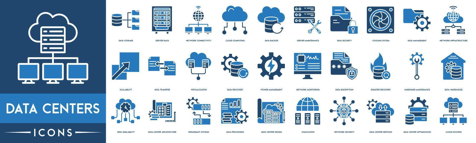 gegevens centra icoon. gegevens opslag, server, netwerk connectiviteit, wolk computergebruik, back-up, server onderhoud, veiligheid, gegevens beheer, virtualisatie en gegevens herstel icoon set. vector