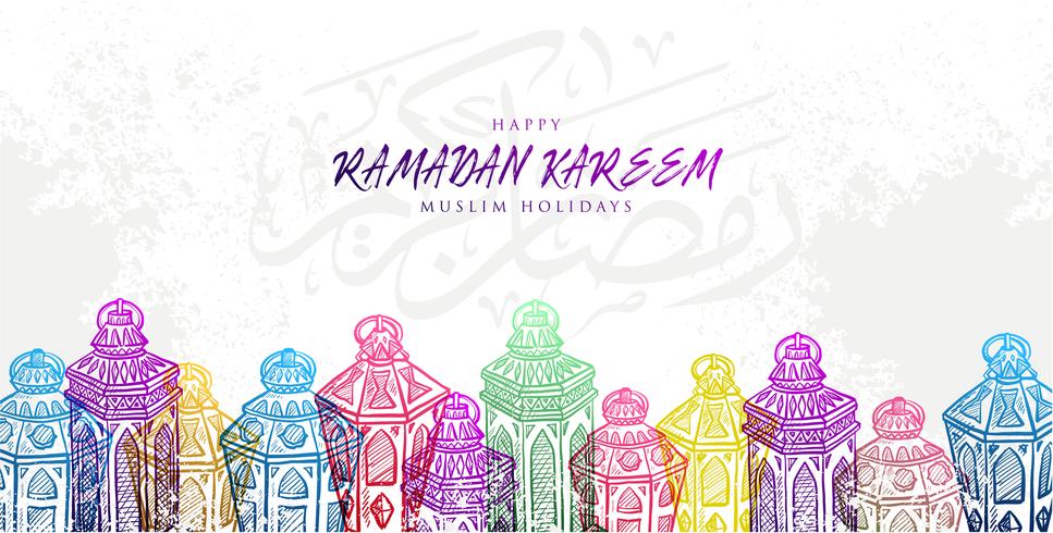 Vectorillustratieschets van Hand getrokken Ramadan Kareem-Lantaarn in Kleurrijke Gradatiekleur met grungeachtergrond. vector