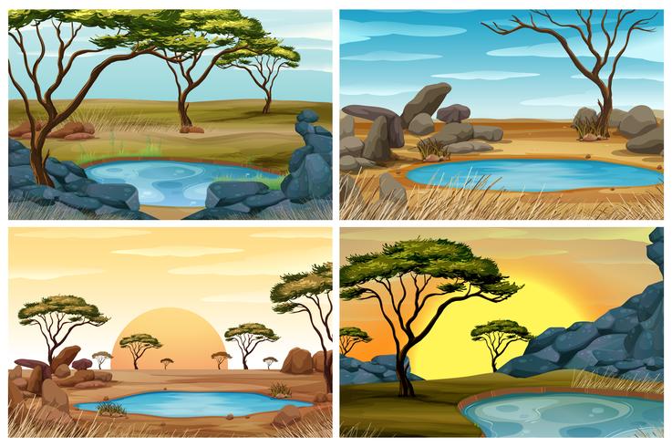 Vier scènes van savanneveld met waterput vector