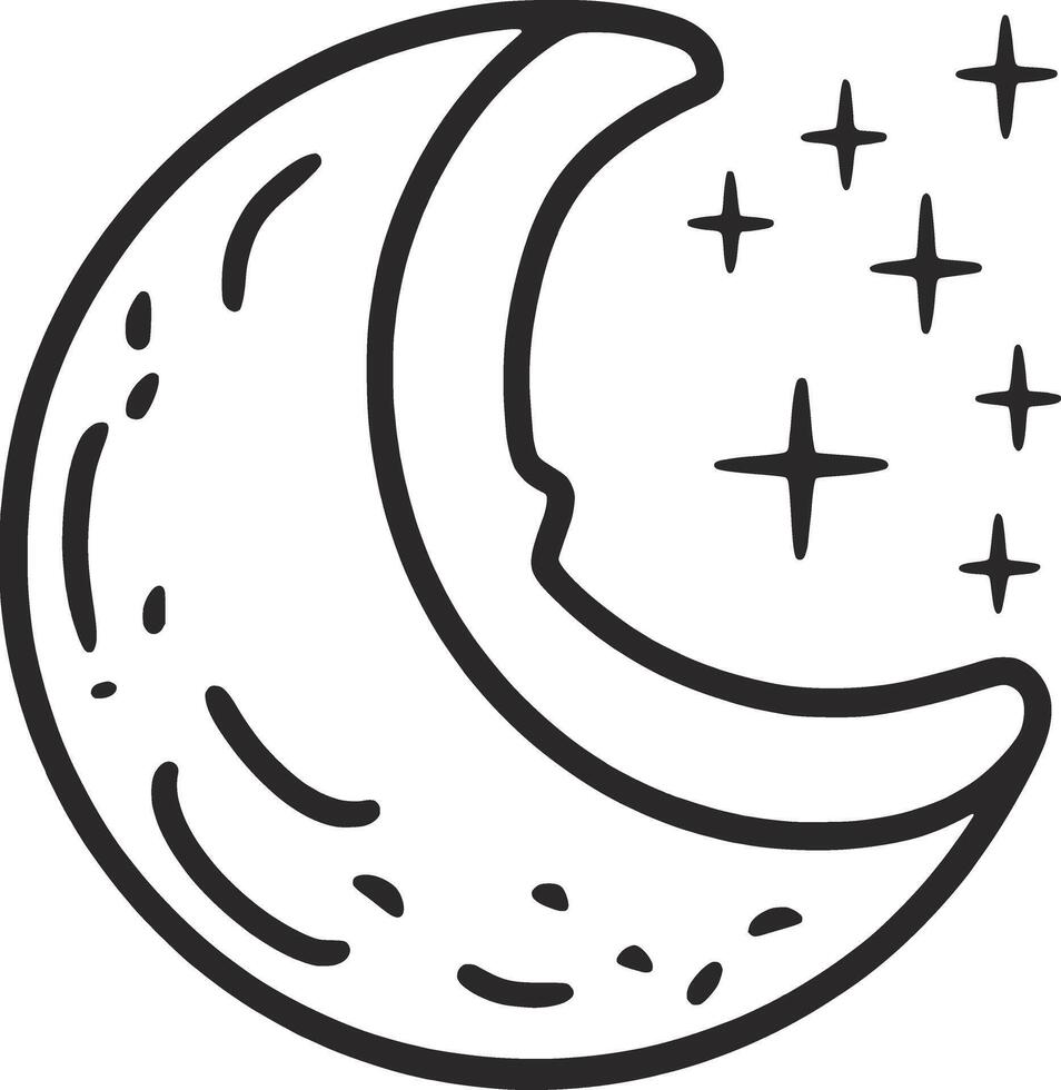 een zwart en wit tekening van een halve maan met sterren vector