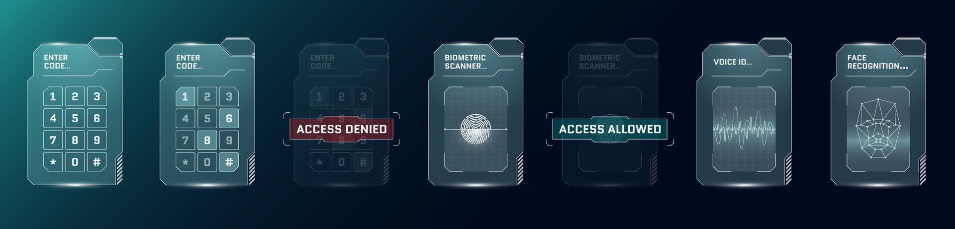 hud biometrisch ID kaart set. digitaal gebruiker herkenning gui of fui koppel. persoon veiligheid verificatie pin code binnenkomst paneel. menselijk identiteit scanner en aantal aanraken dashboard. vector bescherming scherm