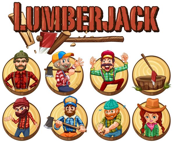 Lumber jack ingesteld op ronde badges vector